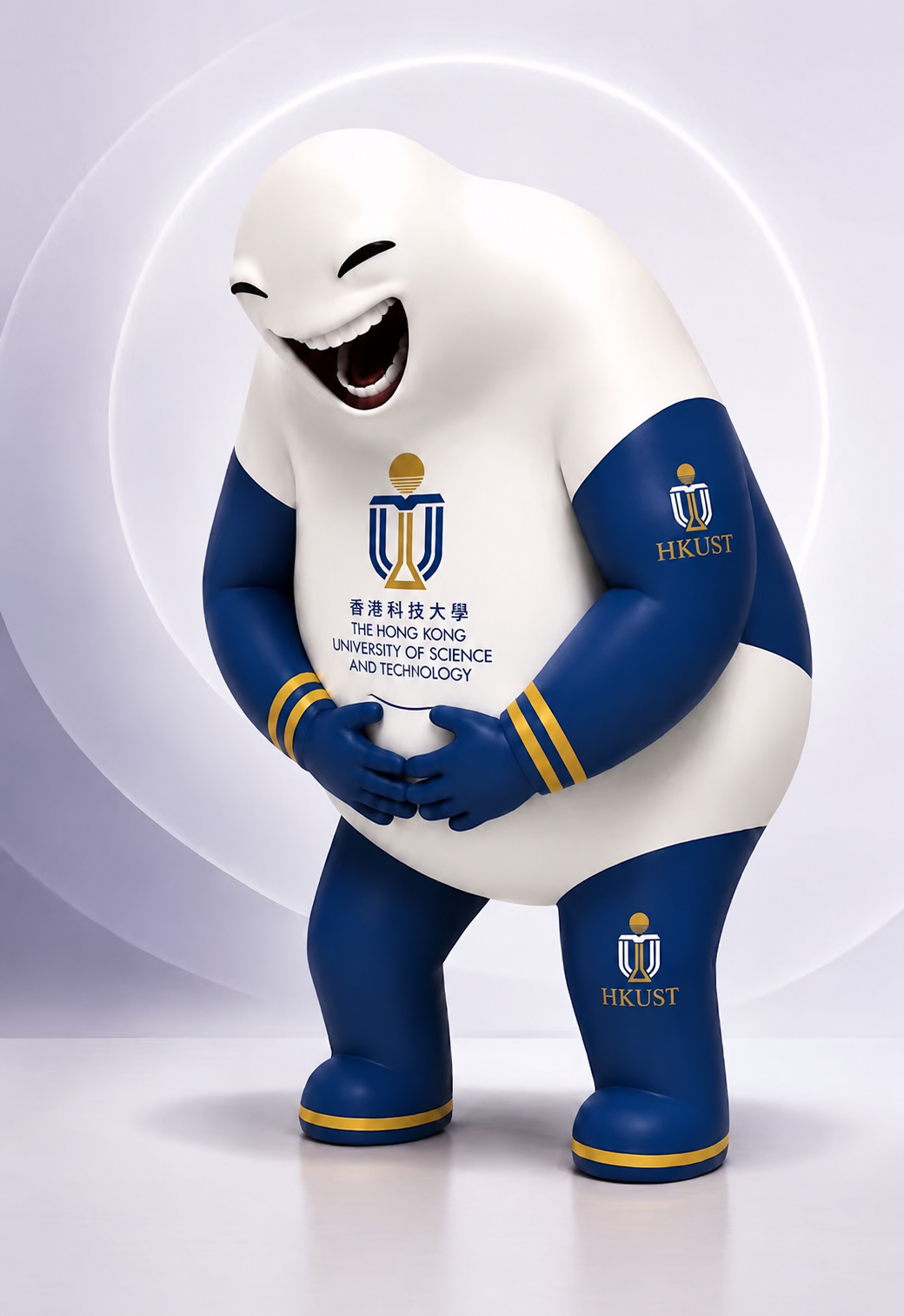 穿着蓝白色 HKUST 服装、开怀大笑的奶龙形象